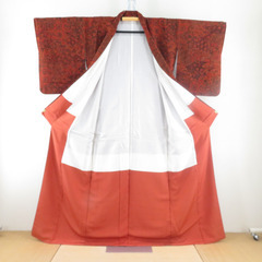 小紋 袷 縮緬 茶色ｘオレンジ色 切嵌模様 正絹 広衿 仕立て上がり着物 身丈163cm 【キモノオフ野々市若松店】の画像