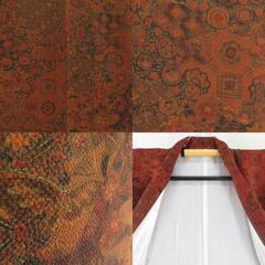 小紋 袷 縮緬 茶色ｘオレンジ色 切嵌模様 正絹 広衿 仕立て上がり着物 身丈163cm 【キモノオフ野々市若松店】の画像