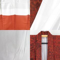 小紋 袷 縮緬 茶色ｘオレンジ色 切嵌模様 正絹 広衿 仕立て上がり着物 身丈163cm 【キモノオフ野々市若松店】の画像