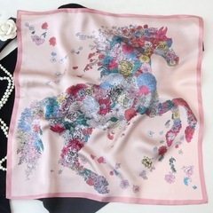 花柄馬デザインシルクスカーフ シルク100％ 約 53cm 絹ス...