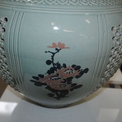 1330J]高麗青磁貞山作花瓶壷オブジェ骨董品 大型 雲鶴紋網目 双