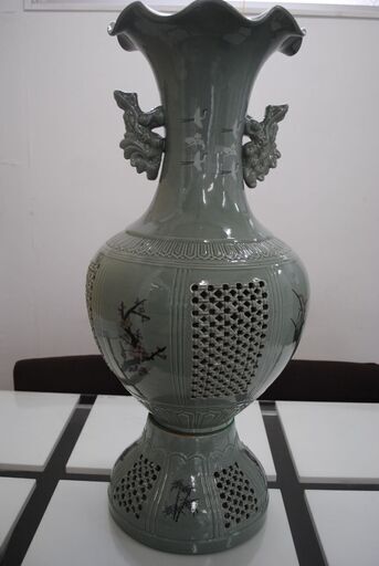 高麗青磁 大壺 花瓶 網目透かし彫り 双耳 飾り壺 特大