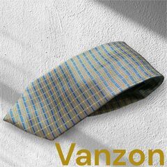 Vanzon シルク調ネクタイ グレー×ブルー モダンチェック柄...