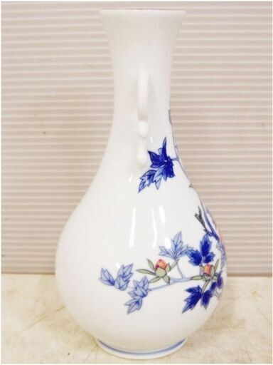 有田焼 壺 色絵 花瓶 花器 壷 花生け 花挿し 双耳 牡丹 在銘 置物 花入