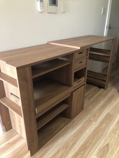 LOWYA伸縮式キッチンカウンター 食器棚 木目調