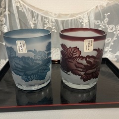 京・桂川切子 花模様 ロックグラス 新品2個セット