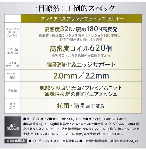 GOKUMIN マットレス ポケットコイル 【腰部徹底サポート】 厚さ20cm 高反発 180N 高耐久 32D 体圧分散 スプリング