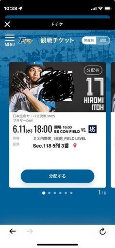交渉中　6/11交流戦ファイターズVSスワローズ　ペア券
