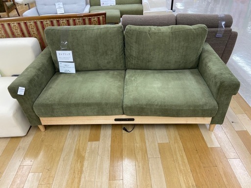 【トレファク ラパーク岸和田店】2人掛けソファー ファブリック グリーン×ナチュラル コーデュロイ