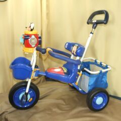 【紋別市発】ides アイデス ミッキーマウス　三輪車　後ろハンドル付き　かご付き　ガード付き　青色　トーク確認・音楽不良　中古品　引取り限定　の画像