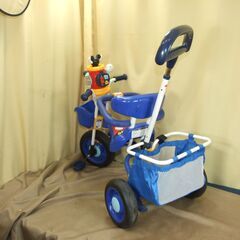 【紋別市発】ides アイデス ミッキーマウス　三輪車　後ろハンドル付き　かご付き　ガード付き　青色　トーク確認・音楽不良　中古品　引取り限定　の画像