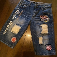 美品デニムジーンズショートハーフパンツダメージクラッシュサーフペイントワッペングランジサーフサーファーギャル男お兄系の画像