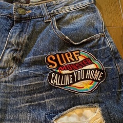 美品デニムジーンズショートハーフパンツダメージクラッシュサーフペイントワッペングランジサーフサーファーギャル男お兄系の画像