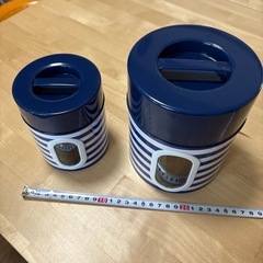  紺×白ボーダー ホーロー収納缶 大小2つセット
