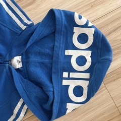 【古着】adidas ブルー フードロゴ付きパーカー　（160）3本ライン　カジュアルの画像