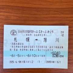 Sきっぷ　札幌→旭川　
有効期間6/10