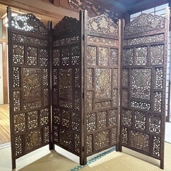 木製彫刻入り間仕切り 4パネル