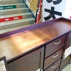 アジア調 サイドボード 幅140×奥43×高96.5cm ウォーターヒヤシンス 引出し収納付き ダークブラウン 籐 リビングボード 札幌市 清田区 平岡の画像