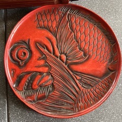骨董　彫刻木製トレイ　だるま　天狗　鯉の画像