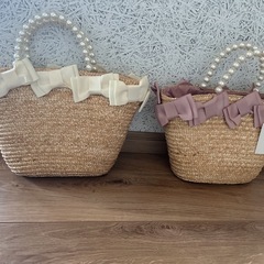 【新品】カゴバッグ　リボン　パール