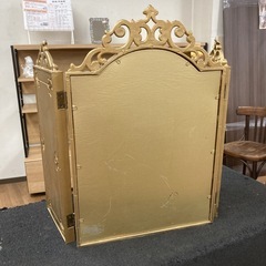 S368 ⭐ 輸入家具 イタリア製 アンティーク三面鏡 GOLD コンパクト 幅30-61cm USEDの画像