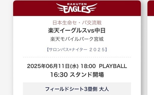 6月11日楽天vs中日ペアチケット