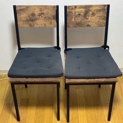 IKEA 木製テーブル 紺色クッション付き椅子2脚セット