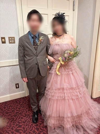 超美品　ウエディングドレス　多重レース　くすみピンク