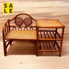 【レトロ】JF0301　ラタンの台付きベンチ　ラタン(籐)のベンチの画像