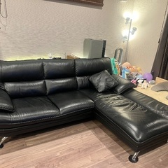 ニトリ　本革カウチソファー黒　3人掛け　左コーナー　ロゾ4(クッ...