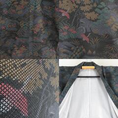 小紋 ポリエステル 袷 黒ｘ紺色ｘ深緑色 風景に鳥模様 広衿 仕立て上がり 身丈164cm 【キモノオフ野々市若松店】の画像