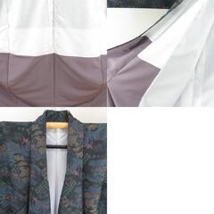 小紋 ポリエステル 袷 黒ｘ紺色ｘ深緑色 風景に鳥模様 広衿 仕立て上がり 身丈164cm 【キモノオフ野々市若松店】の画像