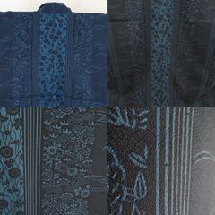 小紋 ポリエステル 袷 紺色ｘ青色 竹縞に切嵌模様 バチ衿 仕立て上がり 身丈162cm 【キモノオフ野々市若松店】の画像