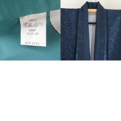 小紋 ポリエステル 袷 紺色ｘ青色 竹縞に切嵌模様 バチ衿 仕立て上がり 身丈162cm 【キモノオフ野々市若松店】の画像