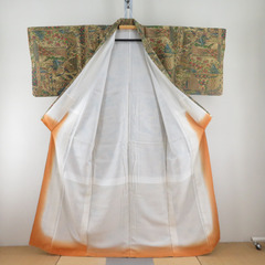 小紋 袷 黄色ｘ緑色ｘ多色 切嵌模様 正絹 広衿 仕立て上がり着物 身丈160cm 【キモノオフ野々市若松店】の画像
