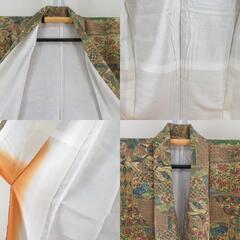 小紋 袷 黄色ｘ緑色ｘ多色 切嵌模様 正絹 広衿 仕立て上がり着物 身丈160cm 【キモノオフ野々市若松店】の画像