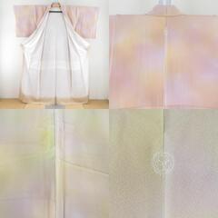 色無地 ぼかし色無地 正絹 袷 ベージュ色ｘピンク色ｘ薄黄色 一つ紋 変わり片喰紋 正絹 広衿 仕立て上がり着物 身丈157cm 【キモノオフ野々市若松店】の画像