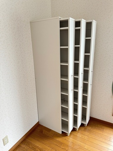 三連スライド本棚　スリムラック／ホワイト