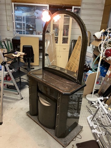 ドレッサー 鏡台 化粧台 ブラウン　照明、電源付きドレッサー　美容室セット　セット椅子付き