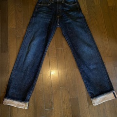 レア美品90's日本製vintageデニムジーンズパンツEDWIN505ボタンフライ赤耳ワイドストレート本革パッチチェーンステッチの画像