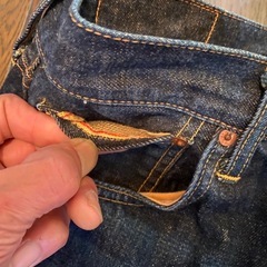 レア美品90's日本製vintageデニムジーンズパンツEDWIN505ボタンフライ赤耳ワイドストレート本革パッチチェーンステッチの画像