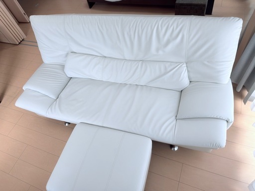 ソファーホワイト 2人掛けソファ オットマン付き