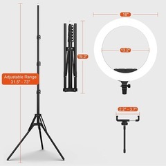 LEDリングライト 三脚スタンド付き 外径18インチ カメラ写真ビデオ用照明セット 3色モード/10段輝度調節 65W 3200-5500K 撮影照明用ライト 美容化粧/YouTube生放送/ビデオカメラ撮影用の画像
