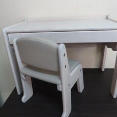 ①-2-2　未使用/新品　 キッズデスク チェア 2点セット 1人掛け 高さ調整 4段 木製 ホワイトウォッシュ×グレージュの画像