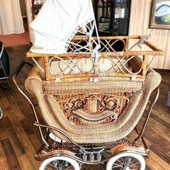 昭和レトロ 乳母車 桃太郎号 籐製 ブレーキ付 手押し車 4輪 ...