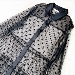 完売品 ザラ ドット柄 チュール ワンピ シフォン メッシュ シャツ ドレス 黒の画像