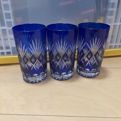 青色クリスタルカット 切子グラス 3個セット まとめ売り