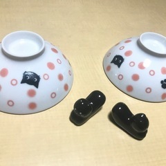 黒猫茶碗と箸置きペアセット