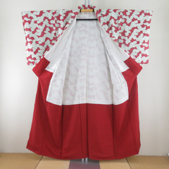 小紋 袷 紅色ｘ灰色 ねじり菊模様 正絹 広衿 仕立て上がり着物 身丈151cm 【キモノオフ野々市若松店】の画像