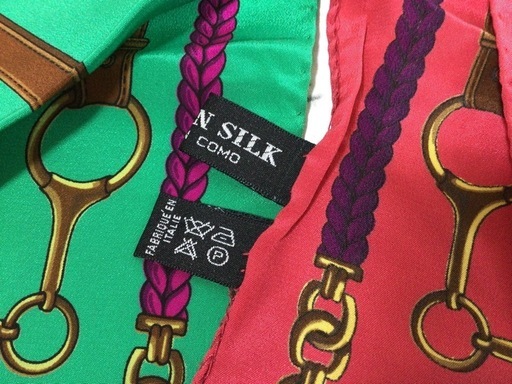 W003 保管品 LOMG CHAMP/ロンシャン ストール/スカーフ グリーン/ピンク ITALIA SILK 柄あり 古着 現状品